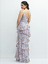 Rear View Thumbnail - Butterfly Botanica Silver Dove Asymmetrical Tiered Ruffle Chiffon Maxi Dress with Square Neckline