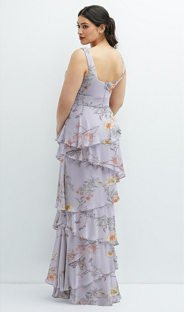 Back View - Butterfly Botanica Silver Dove Asymmetrical Tiered Ruffle Chiffon Maxi Dress with Square Neckline