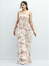 Front View Thumbnail - Blush Garden Asymmetrical Tiered Ruffle Chiffon Maxi Dress with Square Neckline