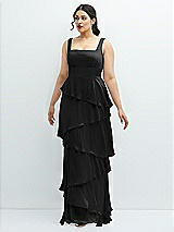 Front View Thumbnail - Black Asymmetrical Tiered Ruffle Chiffon Maxi Dress with Square Neckline