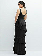Rear View Thumbnail - Black Asymmetrical Tiered Ruffle Chiffon Maxi Dress with Square Neckline