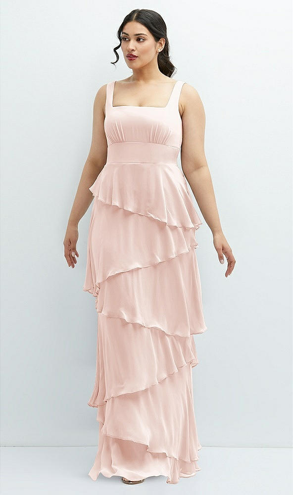 Front View - Blush Asymmetrical Tiered Ruffle Chiffon Maxi Dress with Square Neckline