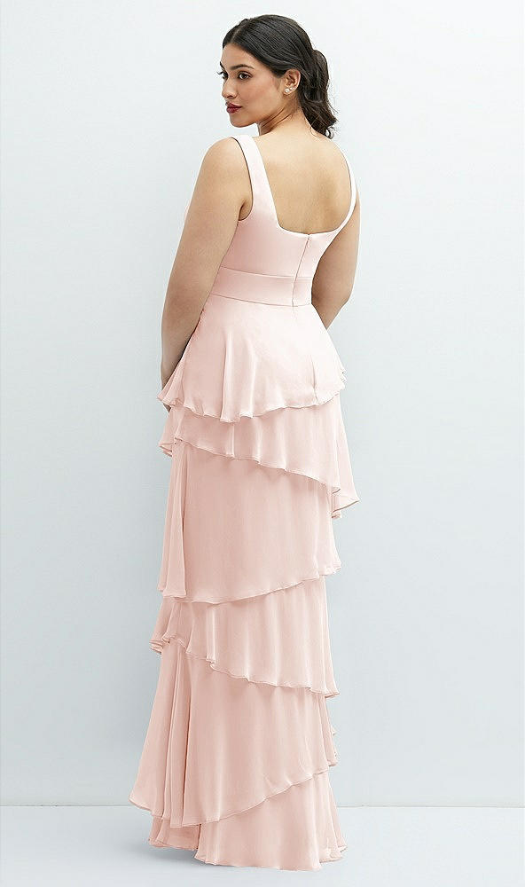 Back View - Blush Asymmetrical Tiered Ruffle Chiffon Maxi Dress with Square Neckline