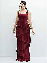 Front View Thumbnail - Burgundy Asymmetrical Tiered Ruffle Chiffon Maxi Dress with Square Neckline