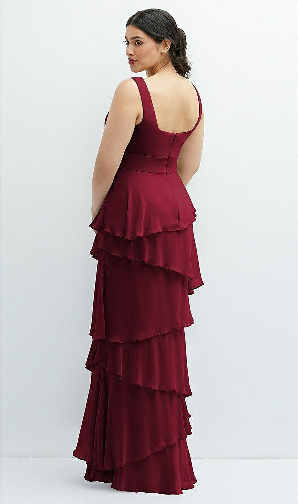 Back View - Burgundy Asymmetrical Tiered Ruffle Chiffon Maxi Dress with Square Neckline