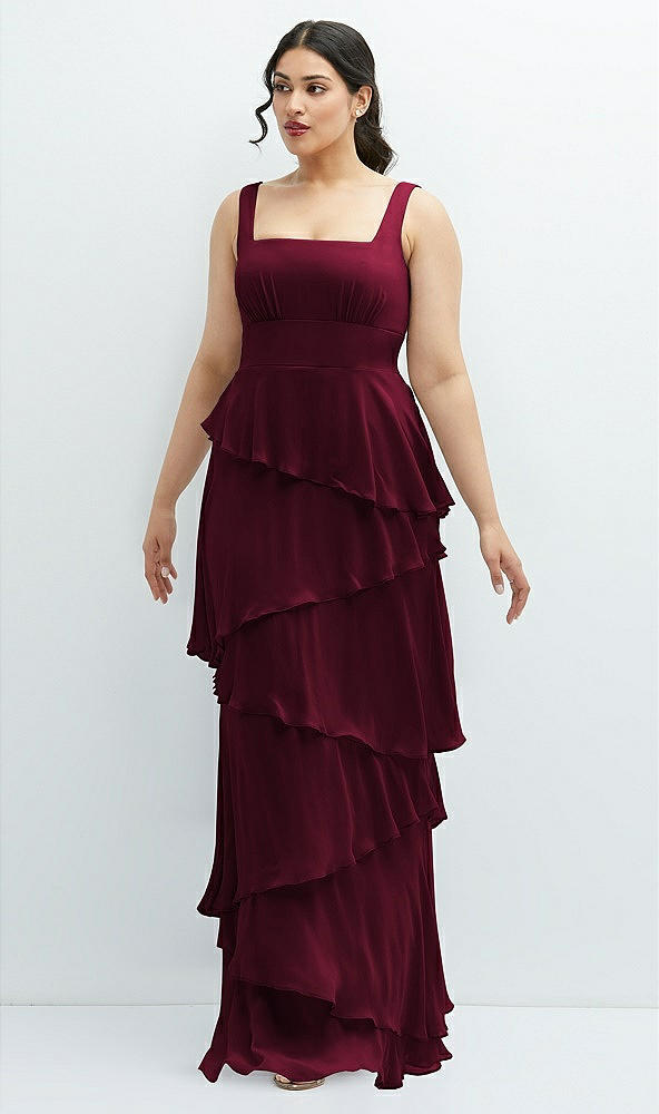 Front View - Cabernet Asymmetrical Tiered Ruffle Chiffon Maxi Dress with Square Neckline