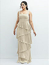 Front View Thumbnail - Champagne Asymmetrical Tiered Ruffle Chiffon Maxi Dress with Square Neckline