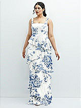 Front View Thumbnail - Cottage Rose Dusk Blue Asymmetrical Tiered Ruffle Chiffon Maxi Dress with Square Neckline