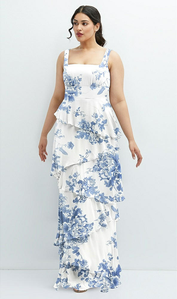 Front View - Cottage Rose Dusk Blue Asymmetrical Tiered Ruffle Chiffon Maxi Dress with Square Neckline