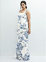 Side View Thumbnail - Cottage Rose Dusk Blue Asymmetrical Tiered Ruffle Chiffon Maxi Dress with Square Neckline
