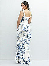 Rear View Thumbnail - Cottage Rose Dusk Blue Asymmetrical Tiered Ruffle Chiffon Maxi Dress with Square Neckline