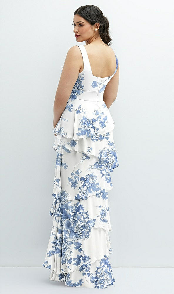 Back View - Cottage Rose Dusk Blue Asymmetrical Tiered Ruffle Chiffon Maxi Dress with Square Neckline