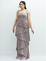 Front View Thumbnail - Cashmere Gray Asymmetrical Tiered Ruffle Chiffon Maxi Dress with Square Neckline