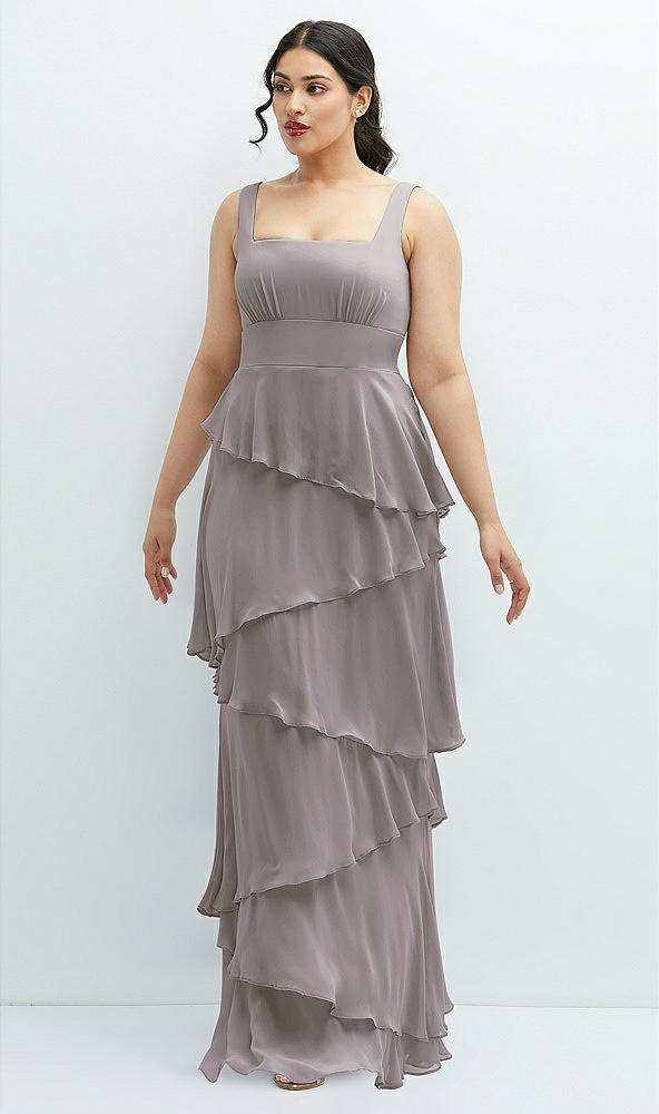 Front View - Cashmere Gray Asymmetrical Tiered Ruffle Chiffon Maxi Dress with Square Neckline