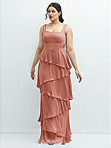 Front View Thumbnail - Desert Rose Asymmetrical Tiered Ruffle Chiffon Maxi Dress with Square Neckline