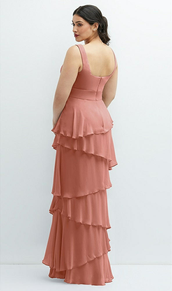 Back View - Desert Rose Asymmetrical Tiered Ruffle Chiffon Maxi Dress with Square Neckline