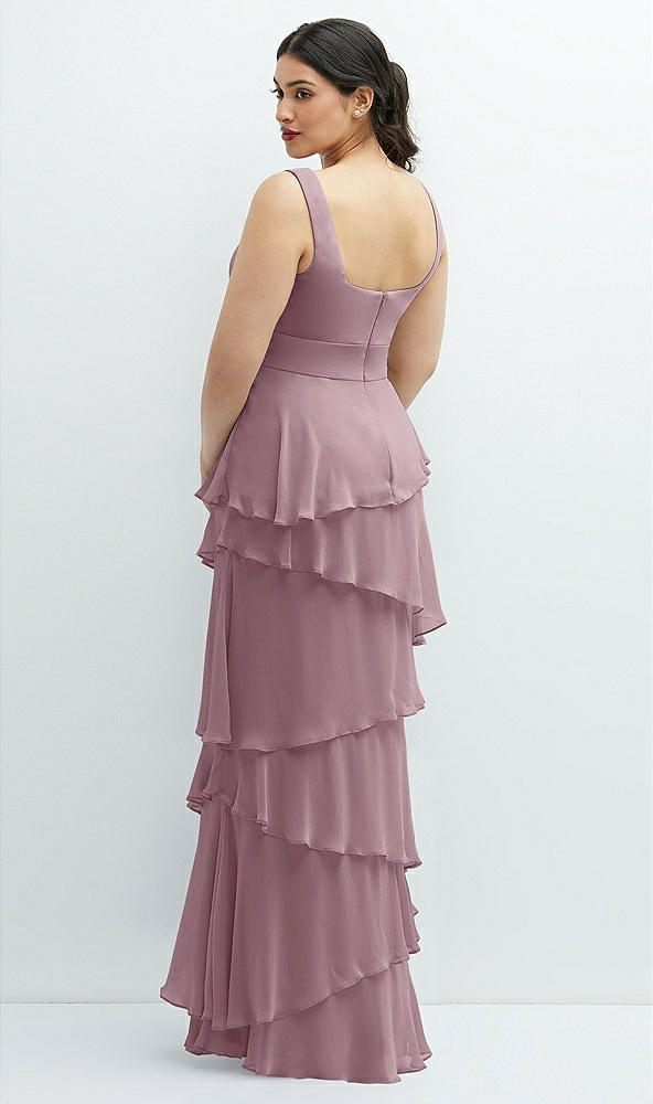 Back View - Dusty Rose Asymmetrical Tiered Ruffle Chiffon Maxi Dress with Square Neckline