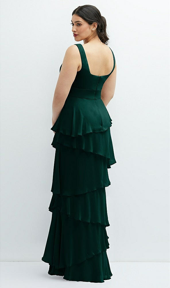 Back View - Evergreen Asymmetrical Tiered Ruffle Chiffon Maxi Dress with Square Neckline