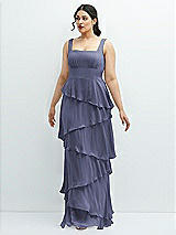 Front View Thumbnail - French Blue Asymmetrical Tiered Ruffle Chiffon Maxi Dress with Square Neckline