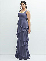 Side View Thumbnail - French Blue Asymmetrical Tiered Ruffle Chiffon Maxi Dress with Square Neckline