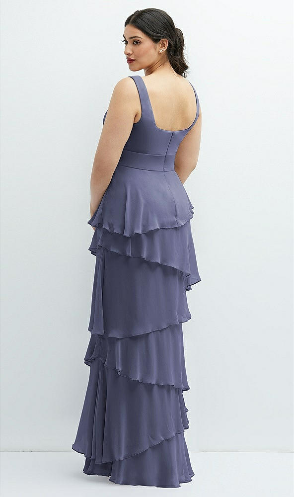 Back View - French Blue Asymmetrical Tiered Ruffle Chiffon Maxi Dress with Square Neckline