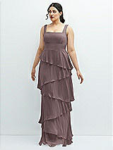 Front View Thumbnail - French Truffle Asymmetrical Tiered Ruffle Chiffon Maxi Dress with Square Neckline