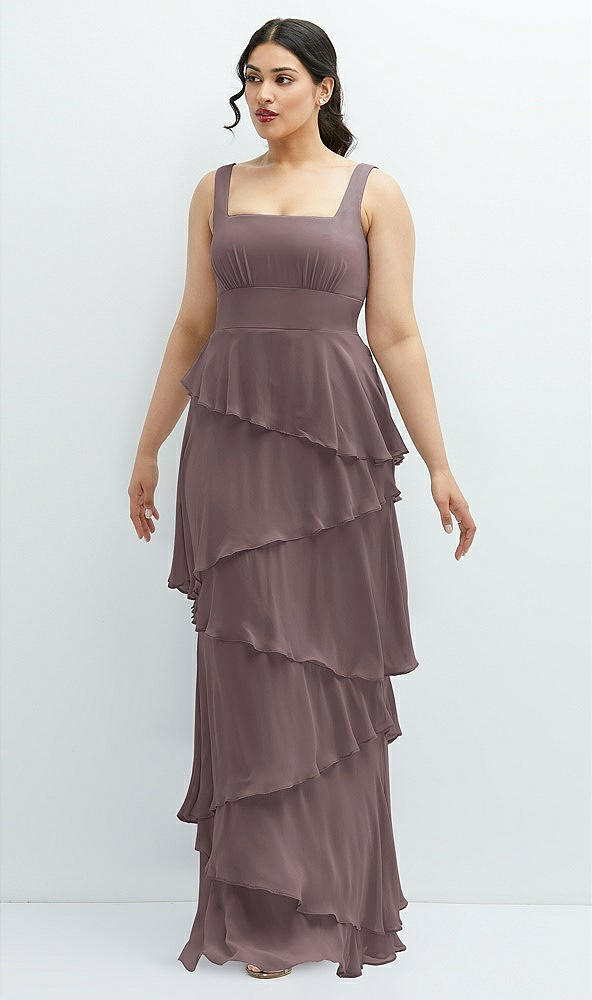 Front View - French Truffle Asymmetrical Tiered Ruffle Chiffon Maxi Dress with Square Neckline