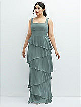 Front View Thumbnail - Icelandic Asymmetrical Tiered Ruffle Chiffon Maxi Dress with Square Neckline