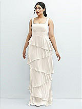 Front View Thumbnail - Ivory Asymmetrical Tiered Ruffle Chiffon Maxi Dress with Square Neckline