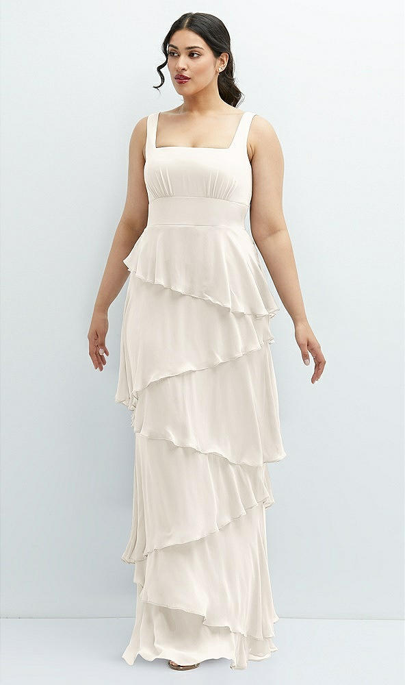 Front View - Ivory Asymmetrical Tiered Ruffle Chiffon Maxi Dress with Square Neckline