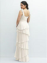 Rear View Thumbnail - Ivory Asymmetrical Tiered Ruffle Chiffon Maxi Dress with Square Neckline