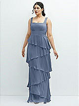 Front View Thumbnail - Larkspur Blue Asymmetrical Tiered Ruffle Chiffon Maxi Dress with Square Neckline
