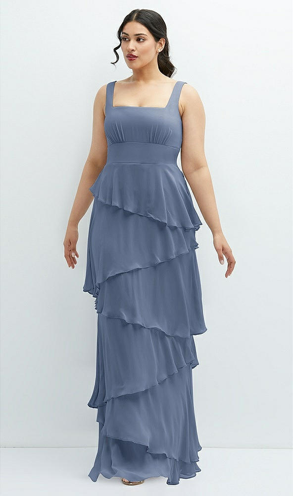 Front View - Larkspur Blue Asymmetrical Tiered Ruffle Chiffon Maxi Dress with Square Neckline