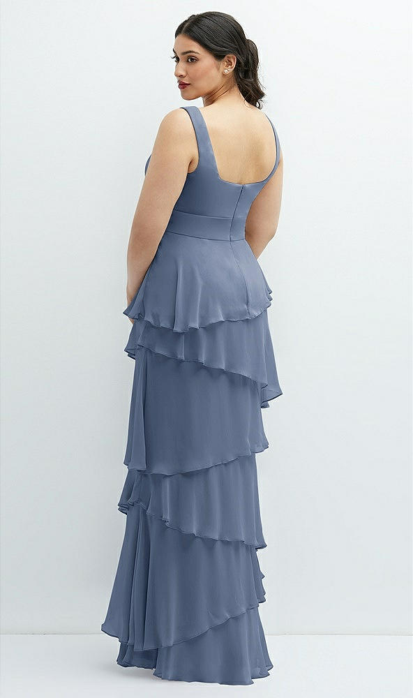 Back View - Larkspur Blue Asymmetrical Tiered Ruffle Chiffon Maxi Dress with Square Neckline