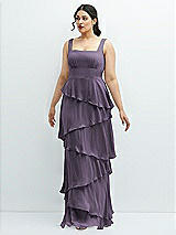 Front View Thumbnail - Lavender Asymmetrical Tiered Ruffle Chiffon Maxi Dress with Square Neckline