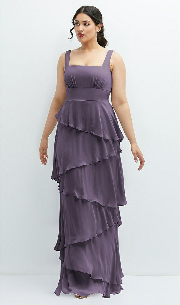Front View - Lavender Asymmetrical Tiered Ruffle Chiffon Maxi Dress with Square Neckline