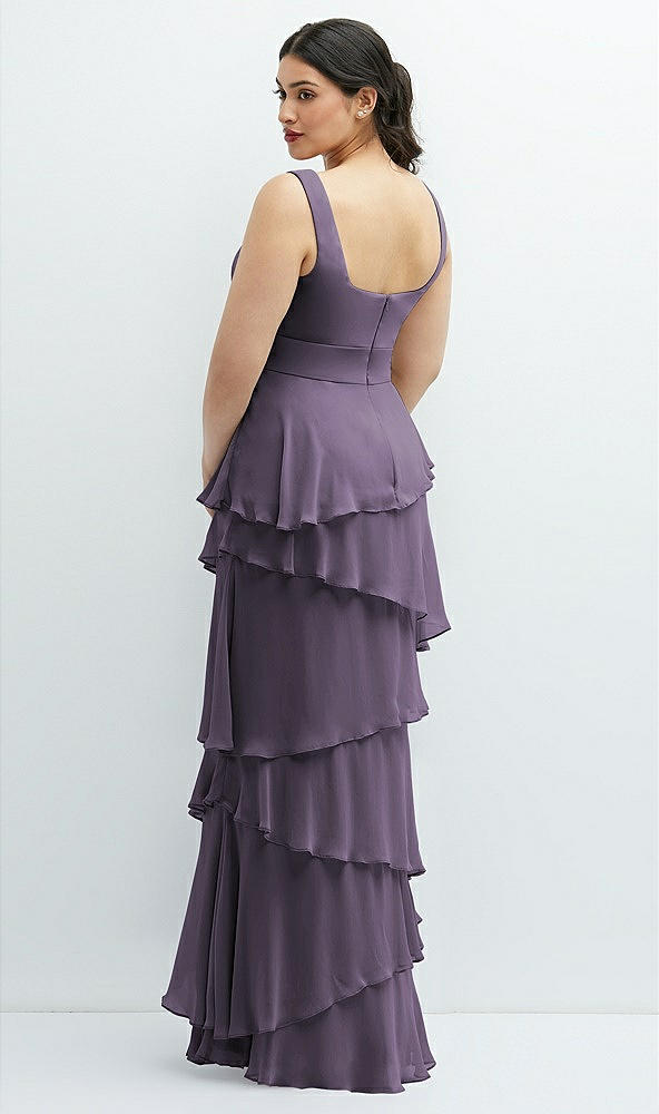 Back View - Lavender Asymmetrical Tiered Ruffle Chiffon Maxi Dress with Square Neckline