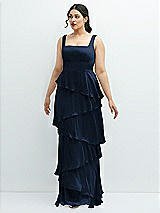 Front View Thumbnail - Midnight Navy Asymmetrical Tiered Ruffle Chiffon Maxi Dress with Square Neckline