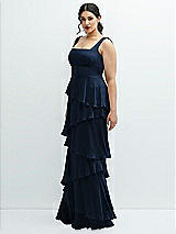 Side View Thumbnail - Midnight Navy Asymmetrical Tiered Ruffle Chiffon Maxi Dress with Square Neckline