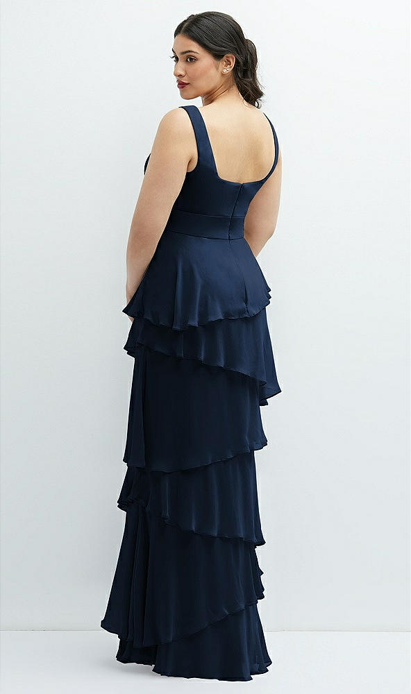 Back View - Midnight Navy Asymmetrical Tiered Ruffle Chiffon Maxi Dress with Square Neckline