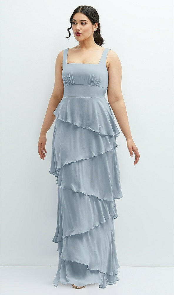 Front View - Mist Asymmetrical Tiered Ruffle Chiffon Maxi Dress with Square Neckline