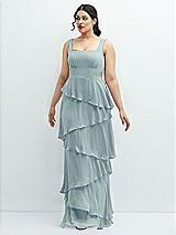 Front View Thumbnail - Morning Sky Asymmetrical Tiered Ruffle Chiffon Maxi Dress with Square Neckline