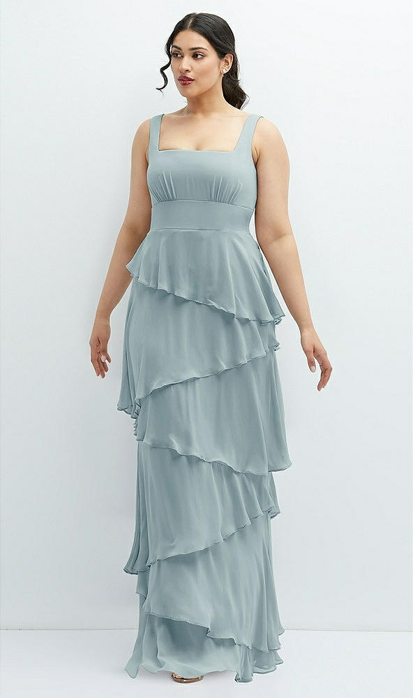 Front View - Morning Sky Asymmetrical Tiered Ruffle Chiffon Maxi Dress with Square Neckline