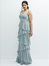 Side View Thumbnail - Morning Sky Asymmetrical Tiered Ruffle Chiffon Maxi Dress with Square Neckline