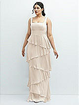 Front View Thumbnail - Oat Asymmetrical Tiered Ruffle Chiffon Maxi Dress with Square Neckline