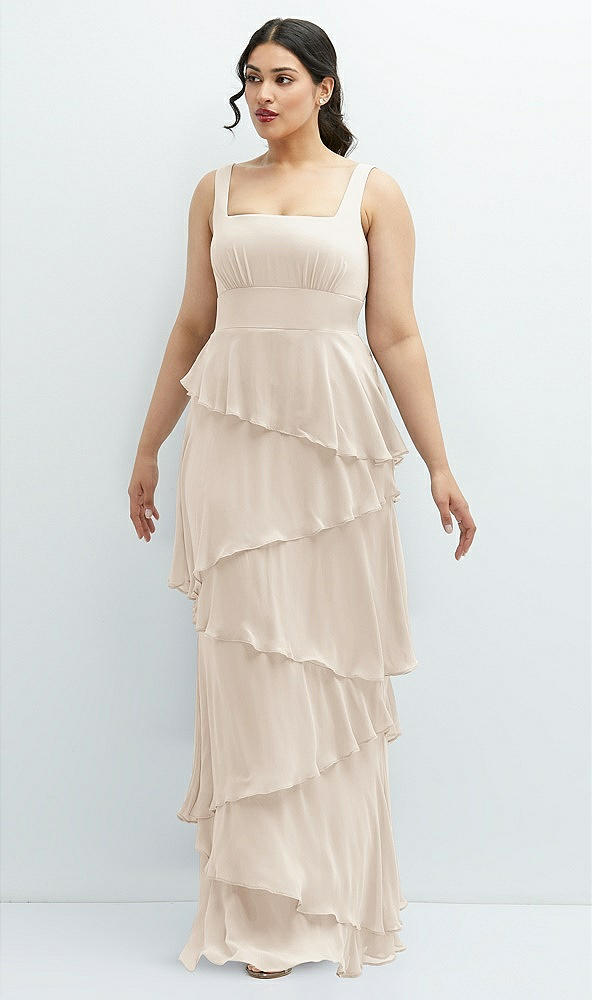 Front View - Oat Asymmetrical Tiered Ruffle Chiffon Maxi Dress with Square Neckline