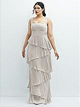 Front View Thumbnail - Oyster Asymmetrical Tiered Ruffle Chiffon Maxi Dress with Square Neckline