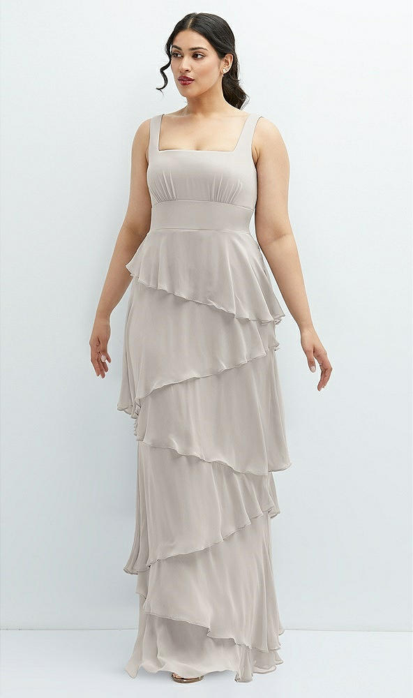 Front View - Oyster Asymmetrical Tiered Ruffle Chiffon Maxi Dress with Square Neckline