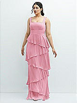 Front View Thumbnail - Peony Pink Asymmetrical Tiered Ruffle Chiffon Maxi Dress with Square Neckline