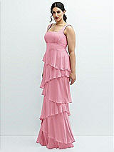 Side View Thumbnail - Peony Pink Asymmetrical Tiered Ruffle Chiffon Maxi Dress with Square Neckline